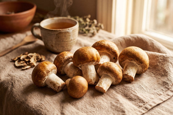 Champignons Agaricus blazei frais aux chapeaux bruns sur lin beige avec une tasse de boisson aux champignons Mushee