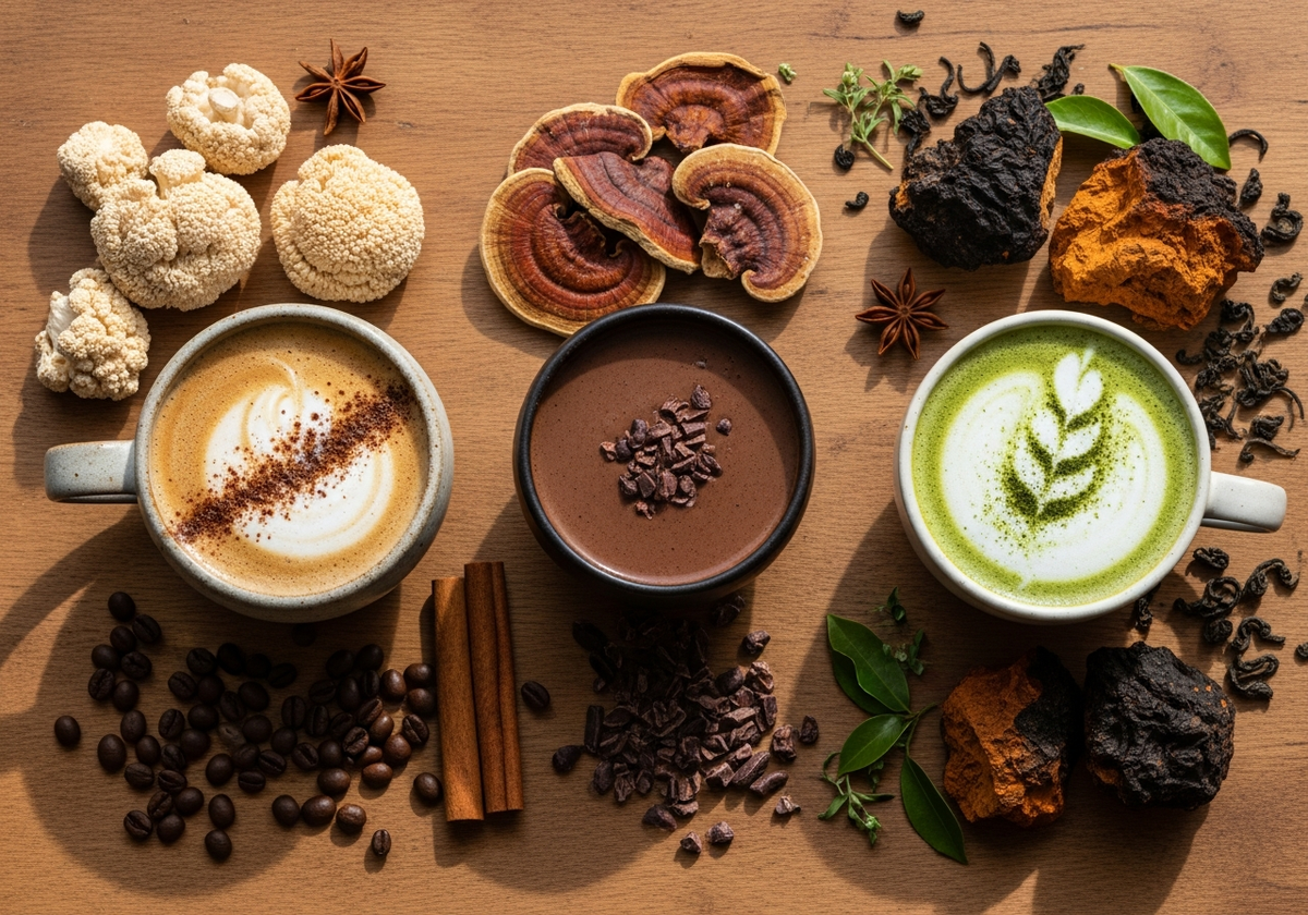 Comparatif meilleur café adaptogène : trois tasses et champignons