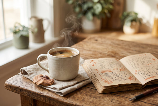 Café adaptogène Mushee fumant dans une tasse en céramique près d'un carnet de notes