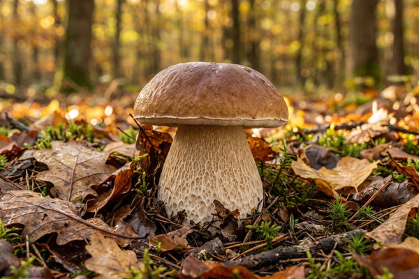 Cèpe de Bordeaux poussant sur le sol d'une forêt de feuillus en automne