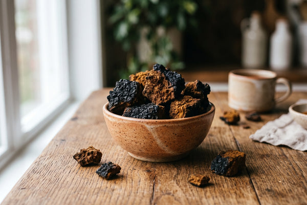 Morceaux de chaga séché dans un bol en céramique sur une table en bois, lumière naturelle