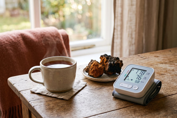 Tasse d'infusion de chaga à côté d'un tensiomètre et de morceaux de chaga