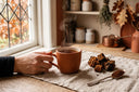 Tasse d'infusion de chaga fumante à côté de morceaux de chaga et de poudre