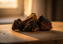Morceaux de chaga séché sur une surface en bois, lumière naturelle dorée