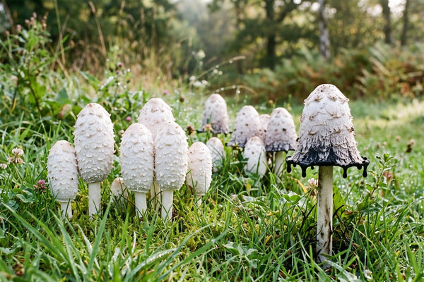 Groupe de coprins chevelus blancs dans l'herbe, dont un exemplaire qui se liquéfie en gouttes d'encre noire