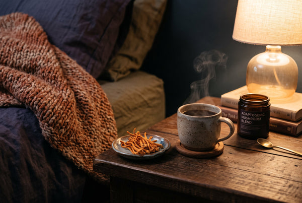 Boisson aux champignons adaptogènes avec cordyceps sur une table de chevet, ambiance nocturne apaisante