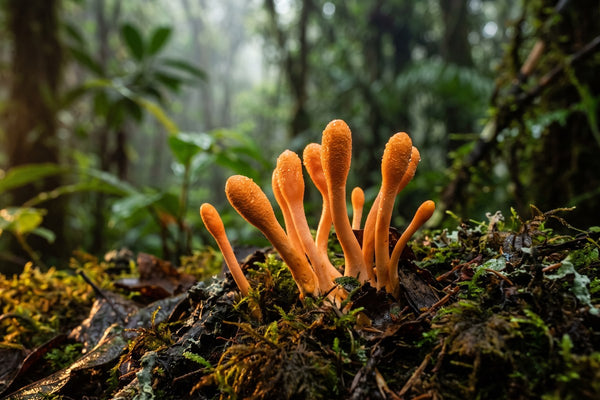 Champignons cordyceps militaris orange vif sur sol de foret tropicale, le vrai champignon derriere The Last of Us