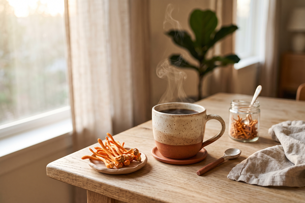 Cordyceps militaris orange et tasse de café adaptogène du matin