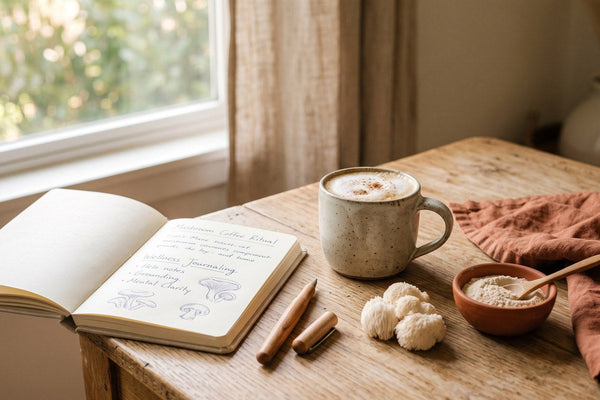 Tasse de café au lion's mane, champignons hydne hérisson frais et bol de poudre de lion's mane sur un bureau en bois, à côté d'un carnet de suivi bien-être