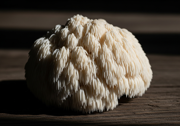 Champignon Lion's Mane blanc duveteux sur surface en bois sombre, éclairage naturel
