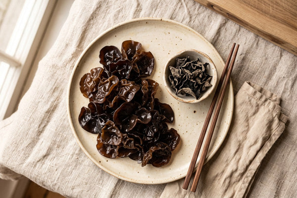 Oreilles de Judas réhydratées dans une assiette en céramique avec des champignons noirs séchés et des baguettes