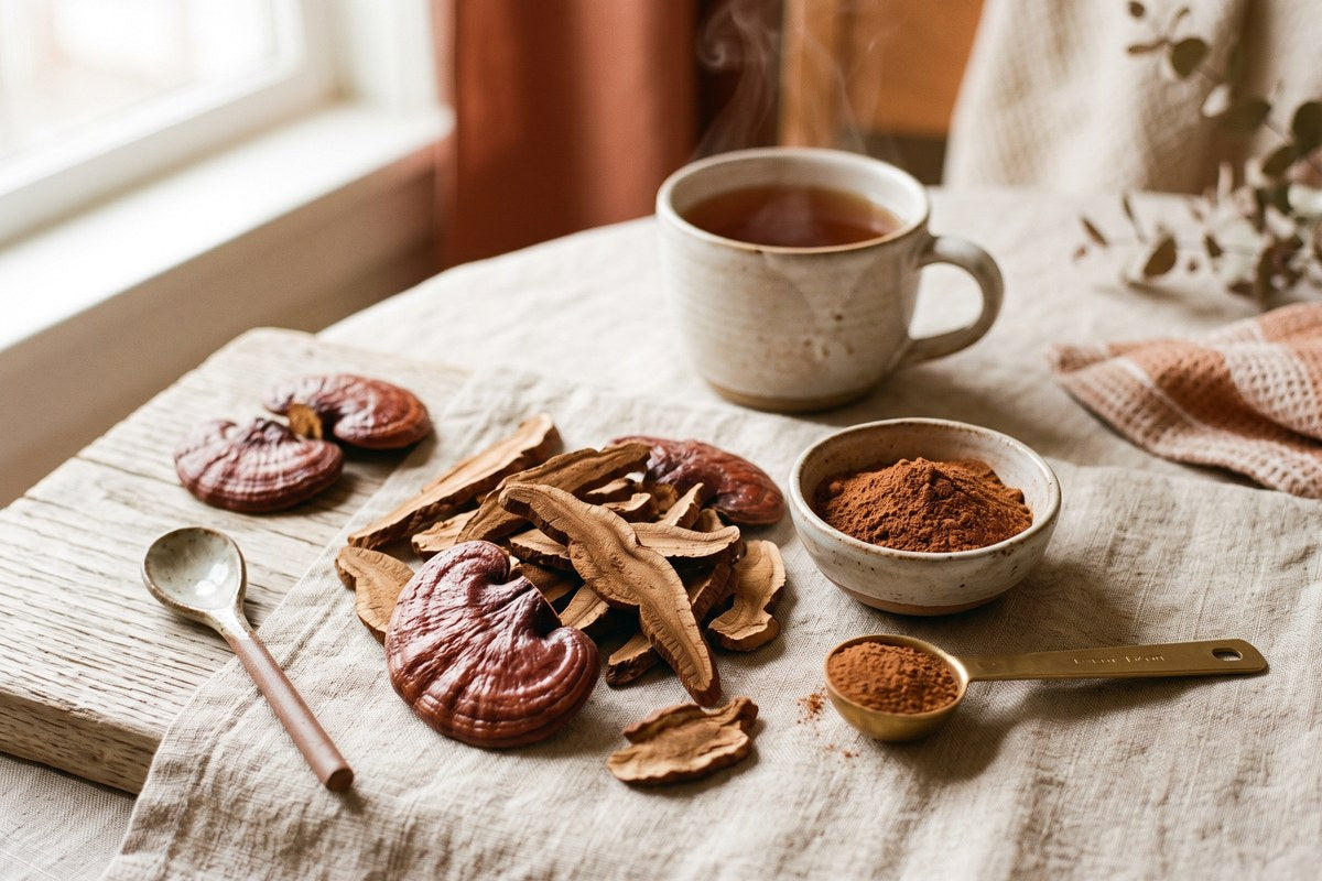 Tranches de reishi séché, bol de poudre de reishi et cuillère doseuse, avec une tasse d'infusion de reishi