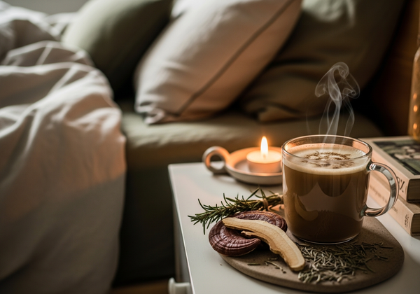Adaptogènes et sommeil - boisson au reishi sur table de nuit