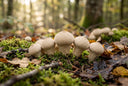 Vesses-de-loup perlées poussant sur le sol d'une forêt de feuillus