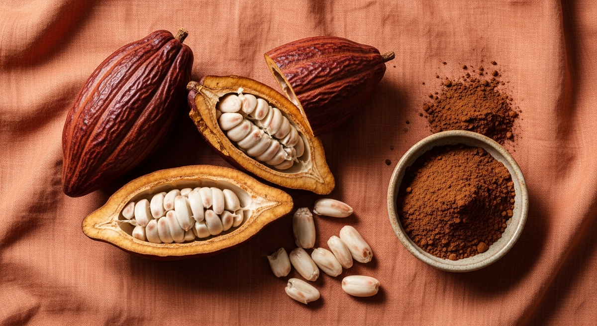 Cabosses de cacao ouvertes avec fèves et poudre de cacao cru