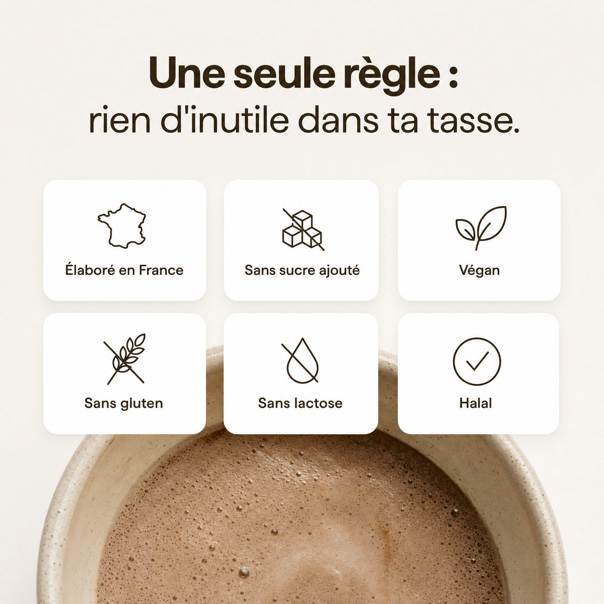 Mushee Cacao : élaboré en France, sans sucre ajouté, végan, sans gluten, sans lactose, halal