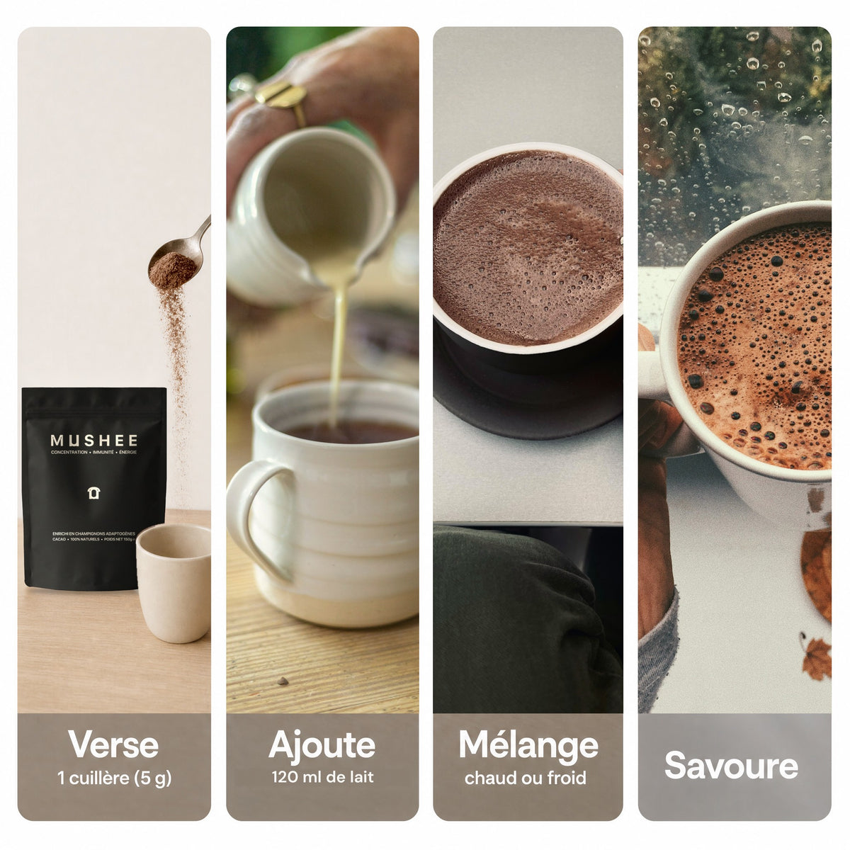 Préparer Mushee Cacao : 1 cuillère de 5 g, 120 ml de lait, chaud ou froid