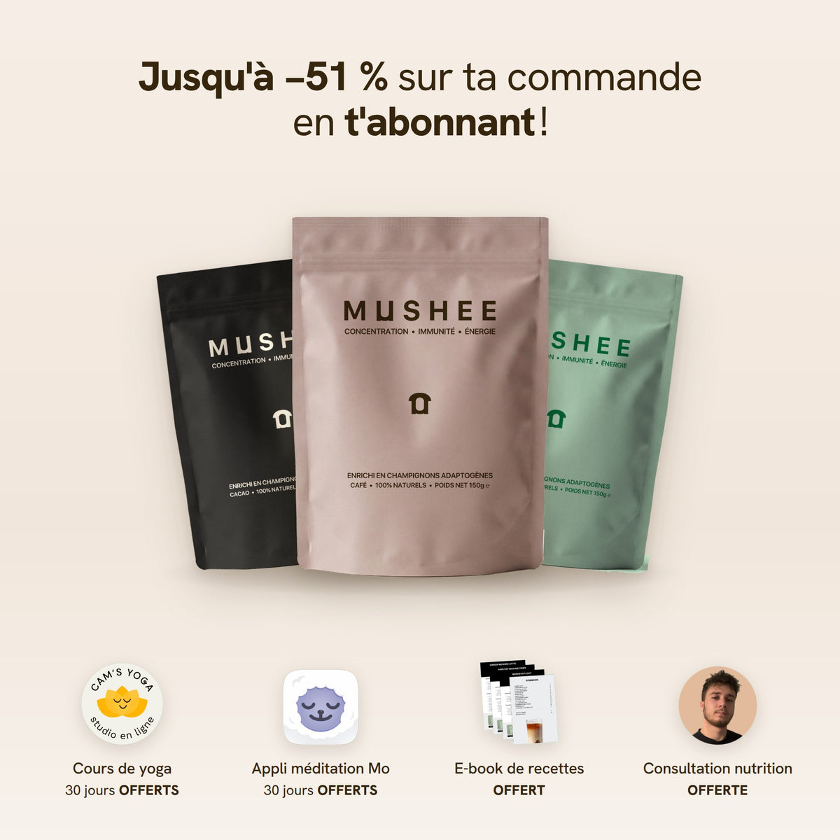 Mushee : jusqu'à −51 % sur ta commande en t'abonnant, paquets Café, Cacao et Matcha et cadeaux de l'abonnement