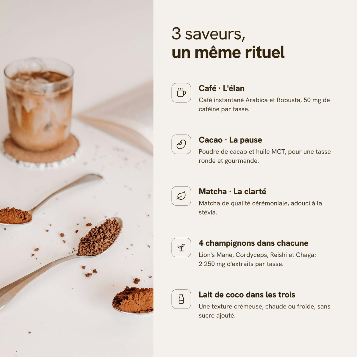 Les 3 saveurs Mushee : Café, Cacao et Matcha aux champignons adaptogènes